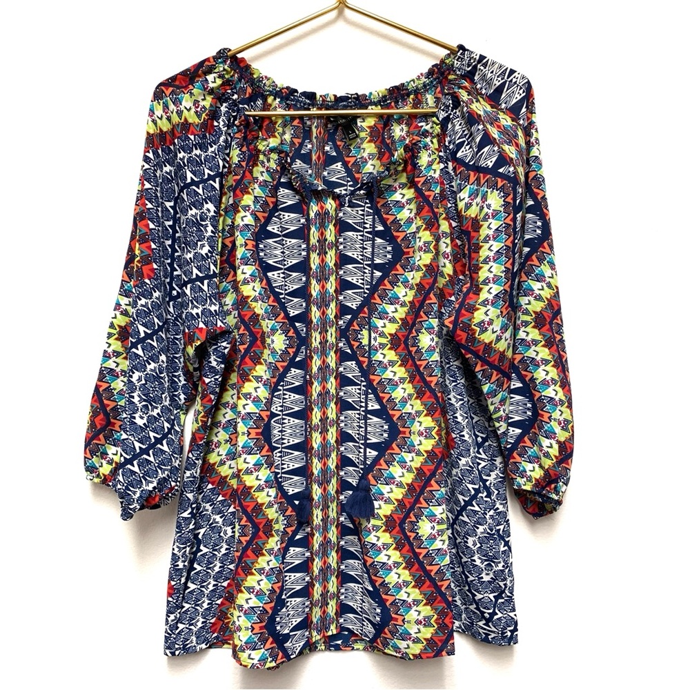 Signature Studio Peasant Blouse Top Size Large Tassels Colorful Lightweight Boho